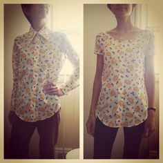 two pictures of a woman wearing a shirt with flowers on it