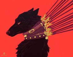 a black wolf with gold spikes on its head and collar, standing in front of a red background