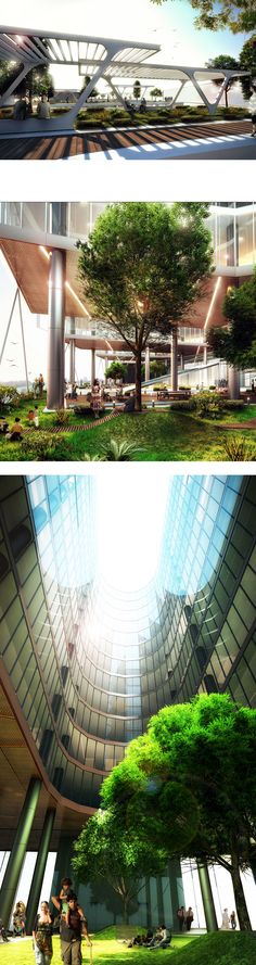 two images show the inside and outside of an office building, with trees in the foreground