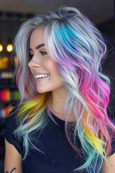 Gemini hair is all about cool styles.Cool gemini hair transformations with stylish color fusions. Elevate your look and stand out. Gray And Rainbow Hair, Pastel Roots Blonde Hair, Dark Hair Pop Of Color Ideas, Rainbow Hair Placement, Black With Rainbow Hair, Dark Hair Vivid Colors, Fall Colorful Hair, Silver And Rainbow Hair, Ombre Rainbow Hair