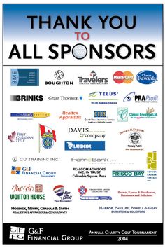 a poster with many sponsors for the annual charity golf tournament, which is sponsored by g & t financial group