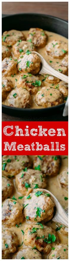 chicken meatballs in a skillet with green onions and parsley on the side