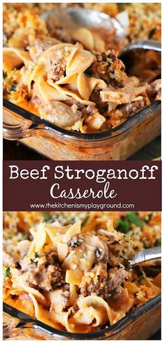 beef stroganoni casserole in a baking dish