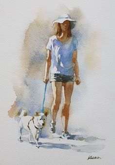 a watercolor painting of a woman walking her dog on a leash and wearing a hat