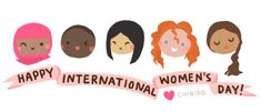 the international women's day logo with four girls in different hair colors and text