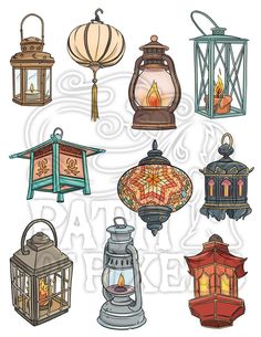 an assortment of lanterns with different designs and colors on the front, including one light