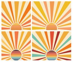 four different colored sunbursts with the same color and pattern on each one