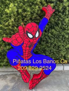 a cardboard spider man sitting in front of a green wall with the words pinatas los banos ca on it