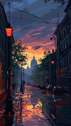 a painting of a city street at sunset