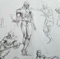 a pencil drawing of some people doing different poses