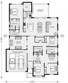 the floor plan for a three bedroom house with two car spaces and an attached garage