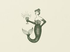 a drawing of a mermaid holding a wine glass