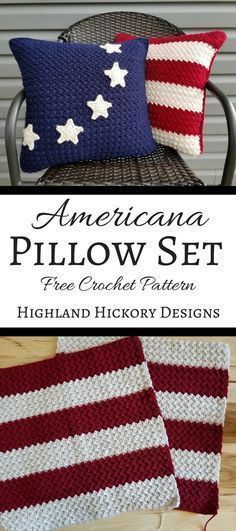 the american pillow set is crocheted in red, white and blue