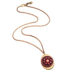 A statement piece in motion. Oxblood intricately carved Bakelite disc c 1930 with ombre centerpiece cabochon paired with stamped brass element appearing in a windmill-like shape. The perfect fall layering piece that we love for easy insta-cool. One-of-a-kind. #lulufrost #vintage Layering, Ombre Centerpiece, Fall Layering, Fall Layers, Layering Pieces, Statement Pieces