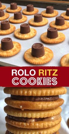 chocolate covered cookies stacked on top of each other with the words roll ritz cookies above them