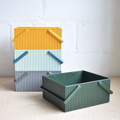 These large storage boxes are great for keeping pens/crayons, sewing bits and pieces, small tools and fixings plus many other items that not only need a neat home but are also items you need to carry around to where you're working, sitting, relaxing indoors or out. Both colourful and practical! Designed in Denmark and made in Japan they are made of good plastic (it does exist) which is built to have a long life, is food safe, touch and scratch resistant, and mould and sun resistant. Cafe Storage, Locker Rugs, Japanese Storage, Stacking Boxes, Cleaning With Bleach, Art Supplies Storage, Small Tools, Candle Matches, Felt Sheets