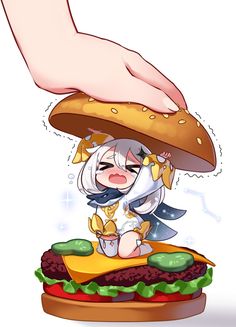 an anime character holding onto a giant hamburger