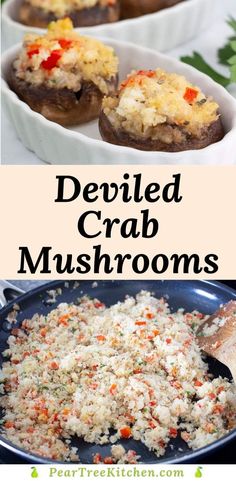 deviled crab mushrooms with rice and carrots in a skillet