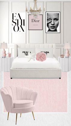 a pink and white bedroom with chandelier, chair, bed and pictures on the wall