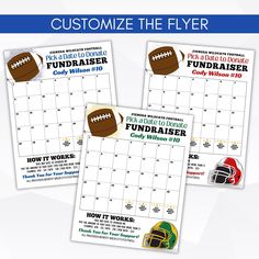 three football themed calendars with the words, customize the flyer and how it works