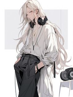 an anime character with long hair and headphones standing in front of a white background