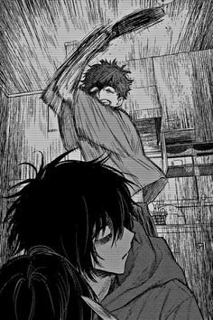 an anime scene with two people in the rain and one is holding up a knife