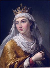 a painting of a woman wearing a tiara and holding a golden object in her hand