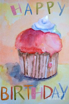 a painting of a cupcake with frosting on it's face and the words happy birthday