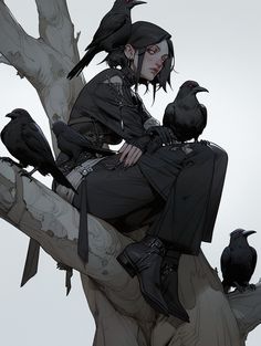 a woman sitting on top of a tree next to two black crow's perched on the branches