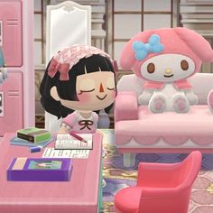 an animal crossing character sitting in a pink chair next to a desk with a teddy bear on it