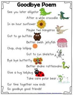 the goodbye poem is written in english and has pictures of animals, flowers, and other things