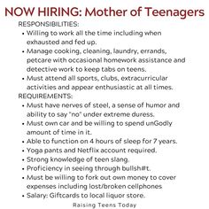 a poster with the words now hiring mother of teenagers