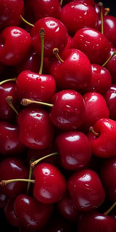 a pile of red cherries with water droplets on them