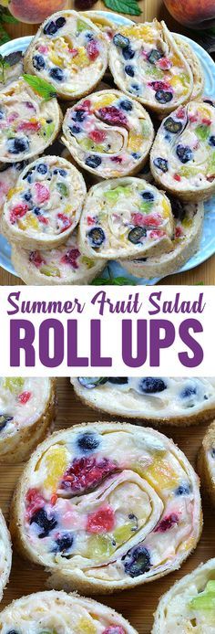 an assortment of fruit salad rolls on a plate with the words summer fruit salad roll ups