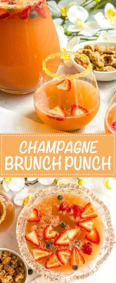 champagne brunch punch with strawberries and fruit in the pitcher, on a white table