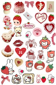 many different types of stickers are arranged on a white surface with red and pink accents