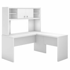 a white desk with a hutch on the top and shelves above it, in front of a white background