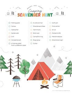 the camping scavenger hunt printable is shown with an orange tent and campfire