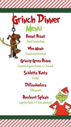 the grinch dinner menu is shown in red and green