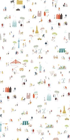 an image of people and buildings in the city on a white background wallpaper mural