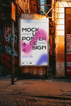 there is a sign on the side of the building that says mock up poster design