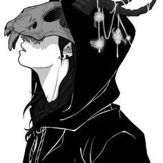 a drawing of a person wearing a hoodie with horns on their head, in black and