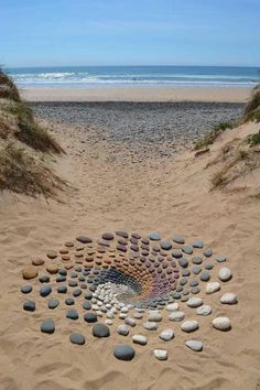 there is a circle made out of rocks on the sand at the beach with water in the background