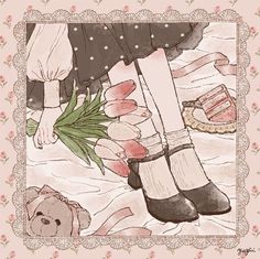 a drawing of a woman's legs with flowers and a teddy bear on the ground