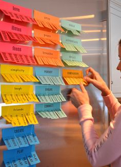 a woman writing on a bulletin board with sticky notes attached to the back of it