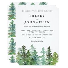 the watercolor pine tree wedding card is printed on white paper with green and blue ink