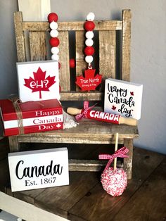 wooden chair with canada day decorations on it