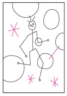 a drawing of a person on a skateboard with circles and stars in the background