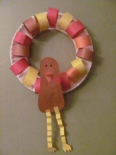 a paper plate with a turkey on it and a wreath made out of strips of tape