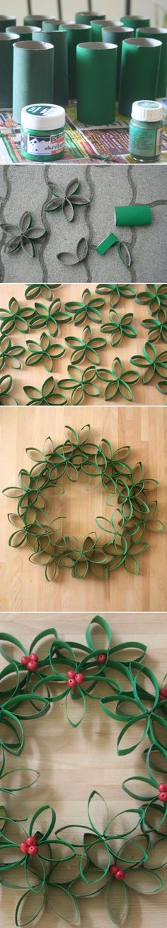 three pictures showing the process of making christmas wreaths with ribbon and ribbons on them